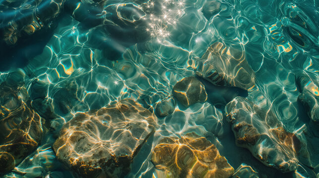 shimmering sun glares on shallow aqua sea water, top view, see rocks through