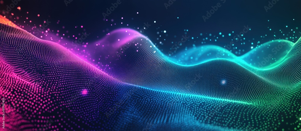 Aufkleber abstract gradient wave with flowing dots in blue green purple and pink futuristic technology backgro
