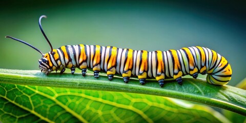 Naklejka premium Vibrant monarch caterpillar in stunning 8K realism , monarch, caterpillar, metamorphosis, intricate details, vibrant, stripes
