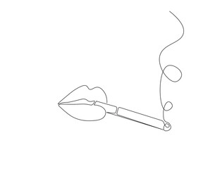 Continuous one line drawing of lips with cigarette. One line drawing illustration of mouth with cigarette. Healthy, Lifestyle concept line art. Editable outline