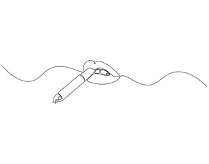 Continuous one line drawing of lips with cigarette. One line drawing illustration of mouth with cigarette. Healthy, Lifestyle concept line art. Editable outline