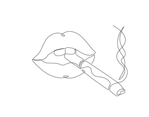 Continuous one line drawing of lips with cigarette. One line drawing illustration of mouth with cigarette. Healthy, Lifestyle concept line art. Editable outline
