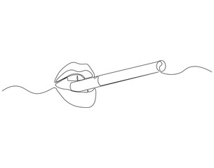 Continuous one line drawing of lips with cigarette. One line drawing illustration of mouth with cigarette. Healthy, Lifestyle concept line art. Editable outline