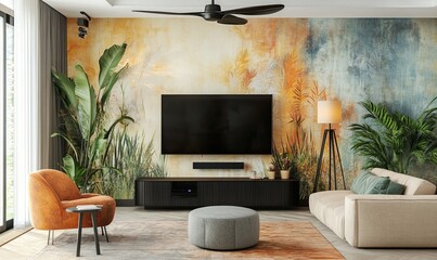 Chic Living Room Design: Abstract Wallpaper, Modern Seating, and Standing Lamp