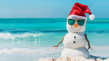 Snowman resting on the seashore, vacation