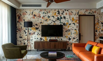 Modern Living Room: Abstract Wallpaper, TV, and Stylish Seating