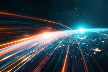Obraz premium Futuristic Expedition: An illustration of space travel at the speed of light, characterized by bright streaks and a deep space background, highlighting the advanced technology and limitless possibilit