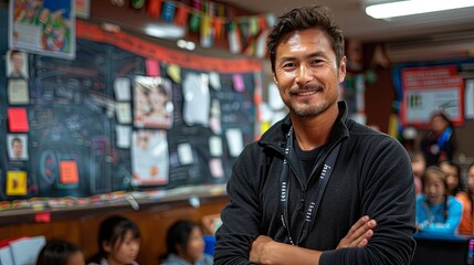 Fototapeta premium Male art teacher smiling happily teaching students in the classroom on Teacher's Day