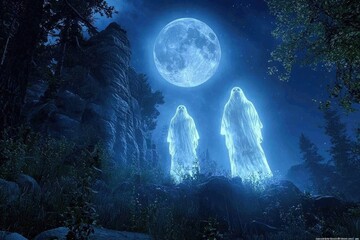 Obraz premium Mystical night scene featuring glowing figures in a moonlit forest setting, evoking a sense of wonder and the supernatural.