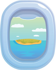 Airplane window is showing a tropical island from the passenger seat