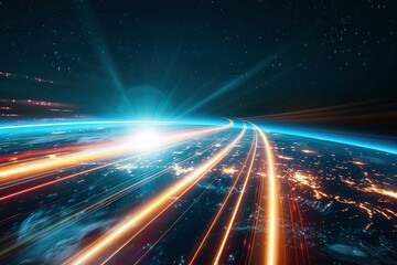 Obraz premium Astral Acceleration: The scene shows the exhilaration of moving through the universe at light speed, with a focus on the blurred lines and colors that represent intense speed.