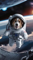 A dog is wearing a space suit and flying through space