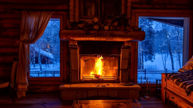 Cozy cabin interior with fireplace and winter window view. Seamless looping time-lapse video background