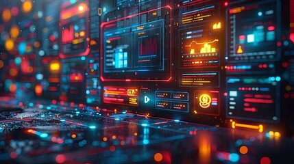 Obraz premium city lights Computer screen in the control room Controlled by technology system