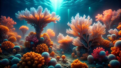 Fototapeta premium Ethereal Glow: A Symphony of Corals in the Abyssal Depths Generative AI