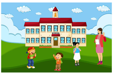 Teacher welcome to happy kids at the school. Vector cartoon illustration. 