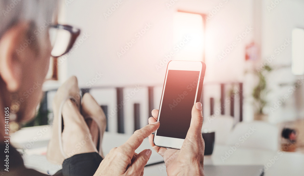 Poster office, woman and smartphone screen for networking, communication and connection. business person, m