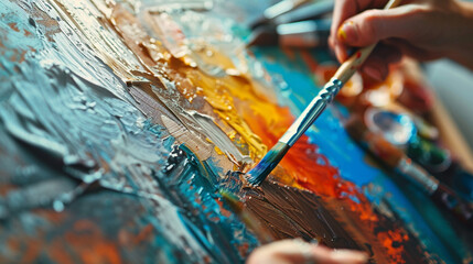 Fototapeta premium A close-up of an artist's hands painting a canvas in a bright studio, with paintbrushes and vibrant colors