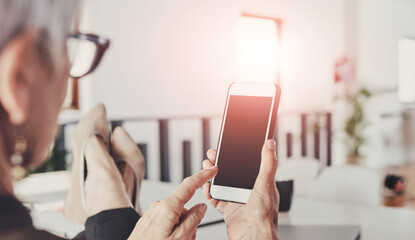 Office, woman and smartphone screen for networking, communication and connection. Business person, mockup space and employee with texting with message or social media and news for career growth