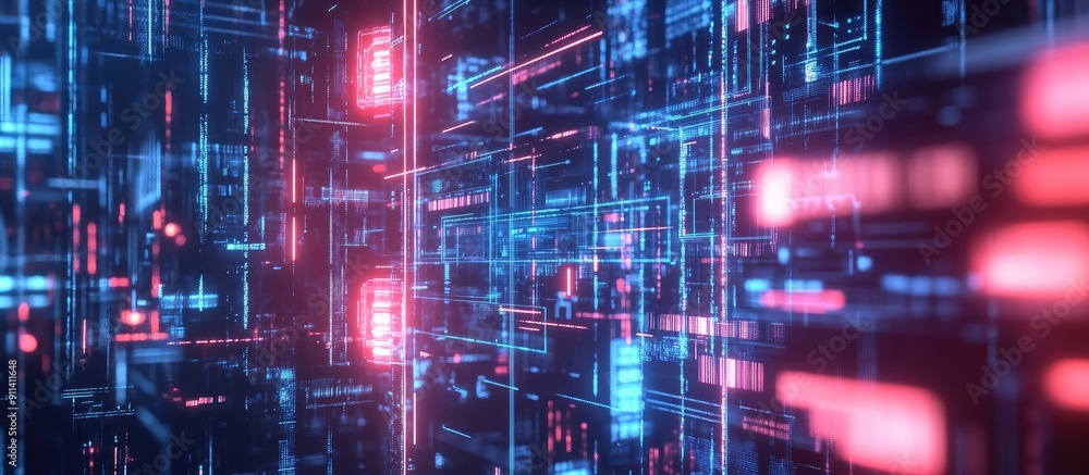 Poster 3d rendering of ai technology text featuring glitch effects and various screen interference patterns