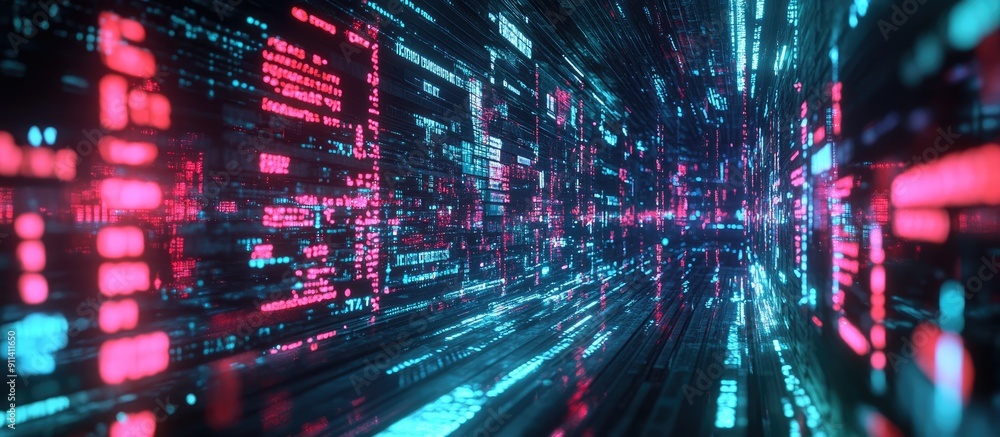 Poster 3d rendering of futuristic text featuring technological glitch effects and screen interference