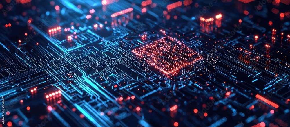 Poster abstract ai computing chipset on circuit board concept showcasing data processing in artificial inte