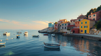 Obraz premium A peaceful coastal village with colorful houses, a small harbor with boats, and a calm sea under a clear sky