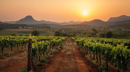 Naklejka premium A picturesque vineyard at harvest time with rows of grapevines, a farmer picking grapes, and a beautiful sunset