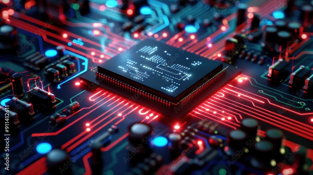 Poster close-up of a cpu chip on a circuit board, glowing with red and blue lights.
