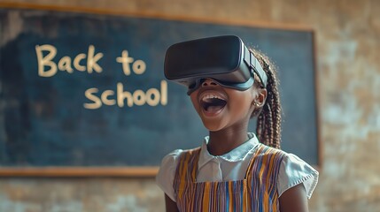 Happy African schoolgirl in virtual reality glasses stands at blackboard in classroom, Inscription Back to school