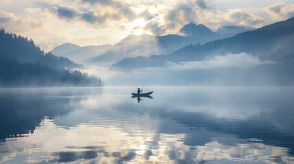 A serene lake at dawn with mist rising from the water, a lone fisherman in a boat, and mountains in the background."