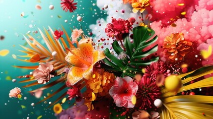 Vibrant tropical flowers and leaves with colorful confetti and bubbles against a turquoise background.