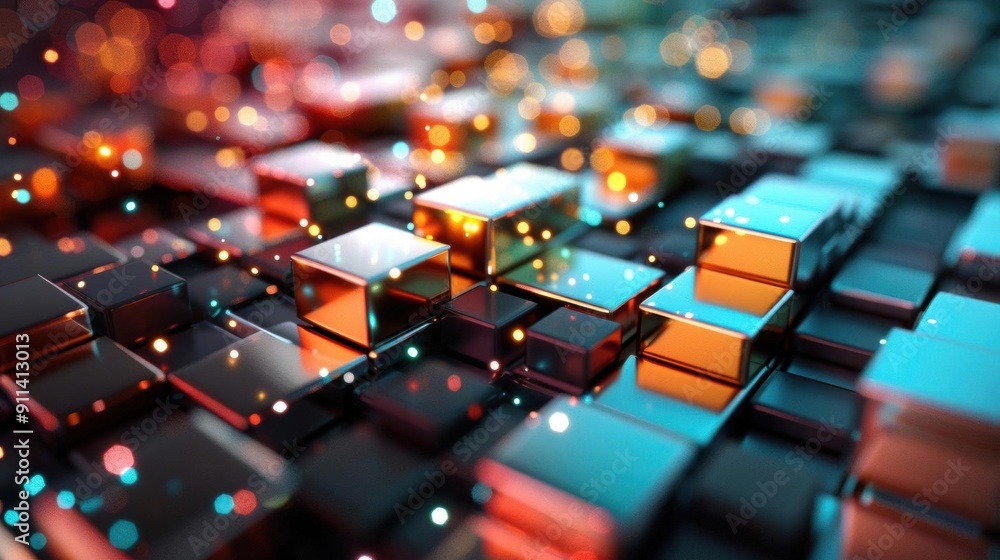 Poster abstract background with glowing cubes and bokeh lights.