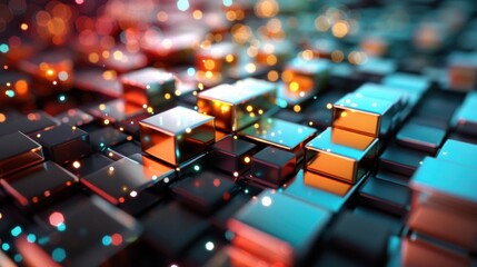 Fototapeta premium Abstract background with glowing cubes and bokeh lights.
