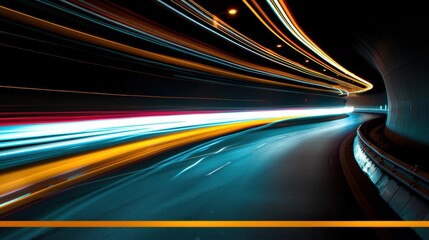 Abstract long exposure photo of a tunnel with light trails.