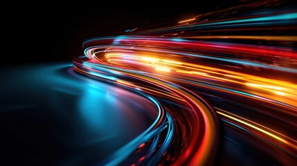 Abstract swirling light trails in blue, orange, and red on a black background.