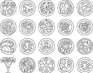 sea cuisine fish cook icons set vector. squid bbq, greek dish, restaurant frozen, culinary luxury, salmon oil plate sea cuisine fish cook black contour illustrations