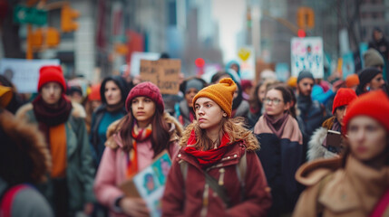 A vibrant International Women's Day rally, with people marching