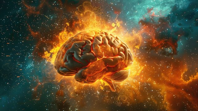 Concept art of a human brain exploding with knowledge and creativity