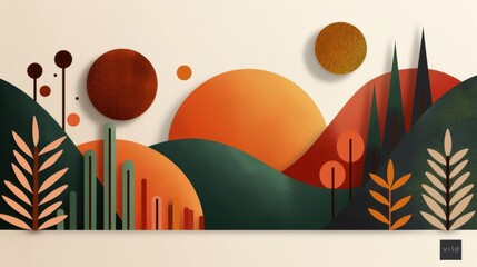 Obraz premium Abstract landscape illustration with earthy tones and geometric shapes.