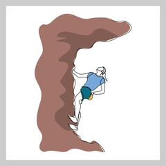 Continuous single line sketch drawing of woman climbing a cliff mountain. One line extreme dangerous sport activity vector illustration