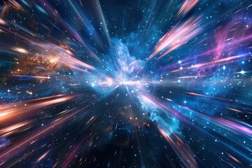 Cosmic Journey: A dynamic scene of traveling through the cosmos at light speed, featuring streaks of light and vibrant colors that create a sense of high-velocity motion.