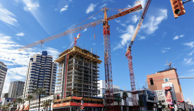 Grue de chantier sur un projet de construction immobilier d'un b&acirc;timent moderne dans une ville
