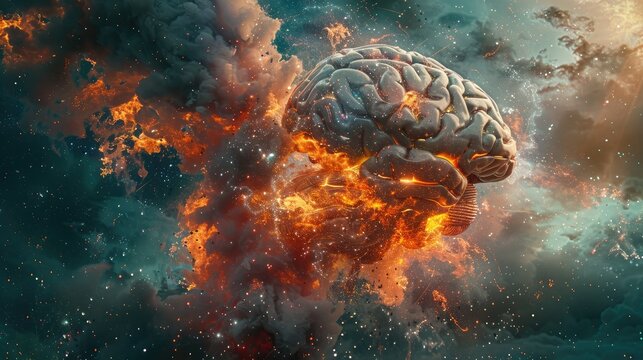 Concept art of a human brain exploding with knowledge and creativity
