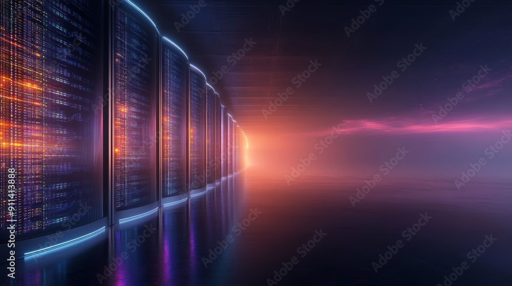 Poster a row of glowing server racks in a futuristic data center
