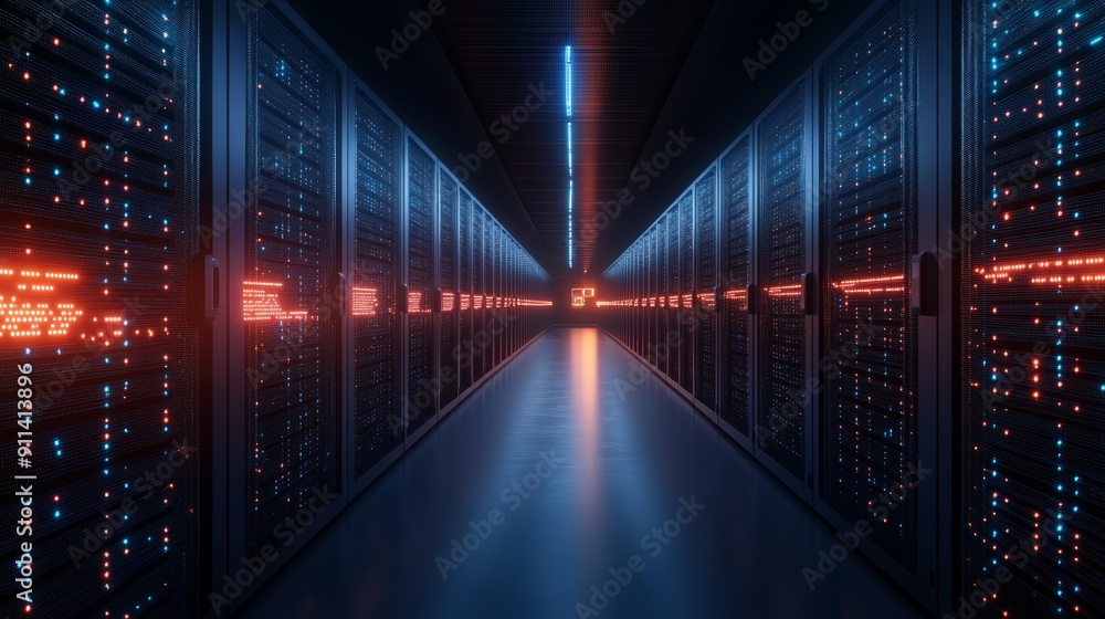 Poster a futuristic server room with glowing lights and data storage racks.