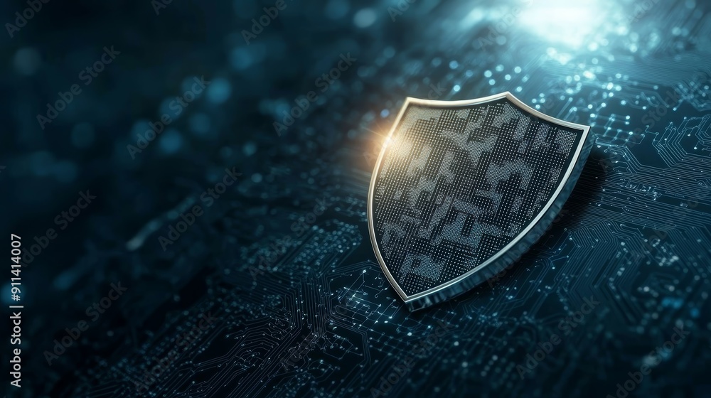Poster a metallic shield with a digital pattern, symbolizing cybersecurity and data protection.