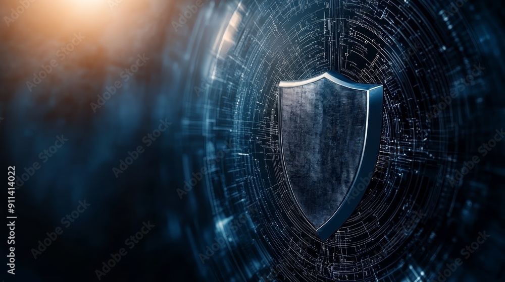 Poster a futuristic shield embedded in a digital circuit board, symbolizing cybersecurity and data protecti