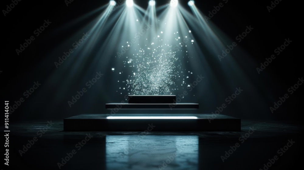 Poster empty stage with spotlights and sparkling particles, perfect for product display.