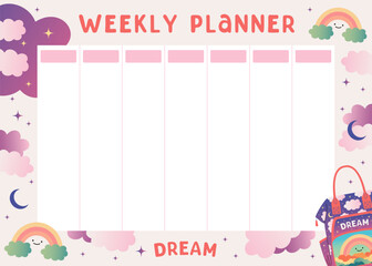 Weekly planner with Girls dream background. Back to school. Fun and fantasy backpack design. Purple and pink colors. Education and study learning. Schedule template is for 7 days. Vector illustration.